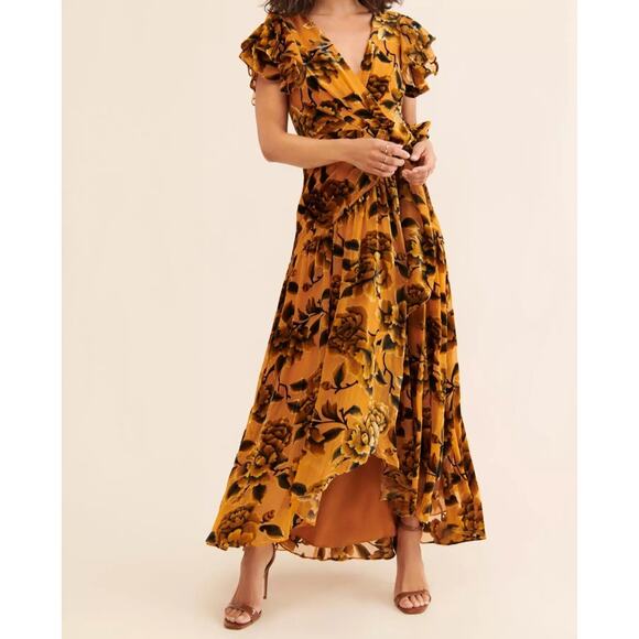 Anthropologie Hutch Zola Floral Velvet Wrap Maxi Dress| Flowy Elegant Party - Picture 3 of 16